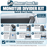 Instructional graphic for the Midwest Crow Kits Monotub Divider Kit, showing a step-by-step quick start guide with numbered panels and arrows demonstrating how to remove backing, assemble the divider, orient posts, insert center, and adjust for tight fit.
