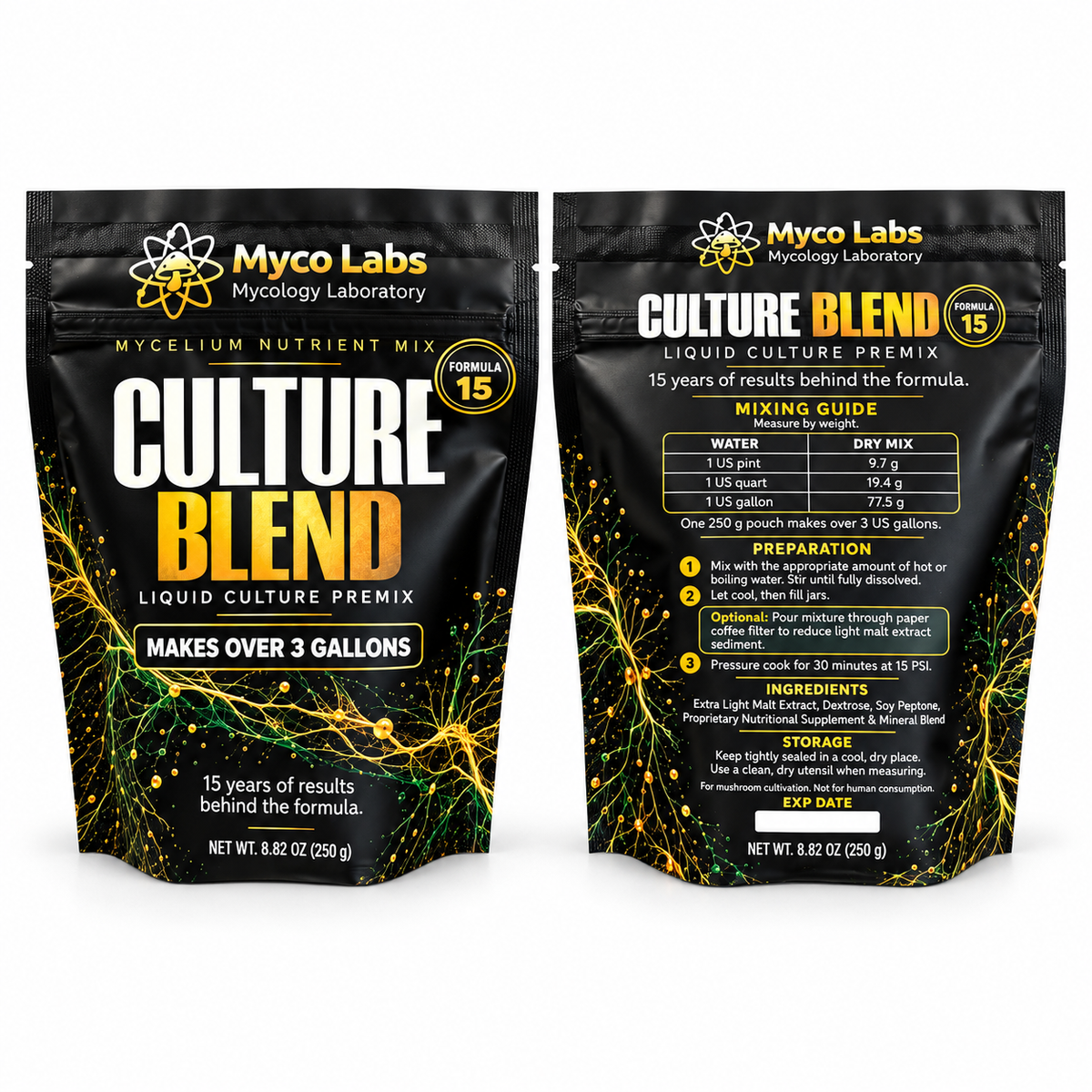 Two black pouches of Myco Labs Culture Blend Liquid Culture Premix shown side by side on a white background, with front and back packaging views visible.