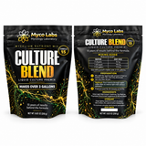 Two black pouches of Myco Labs Culture Blend Liquid Culture Premix shown side by side on a white background, with front and back packaging views visible.