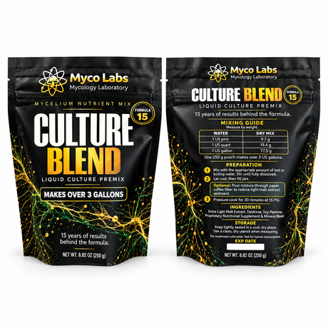Two black pouches of Myco Labs Culture Blend Liquid Culture Premix shown side by side on a white background, with front and back packaging views visible.