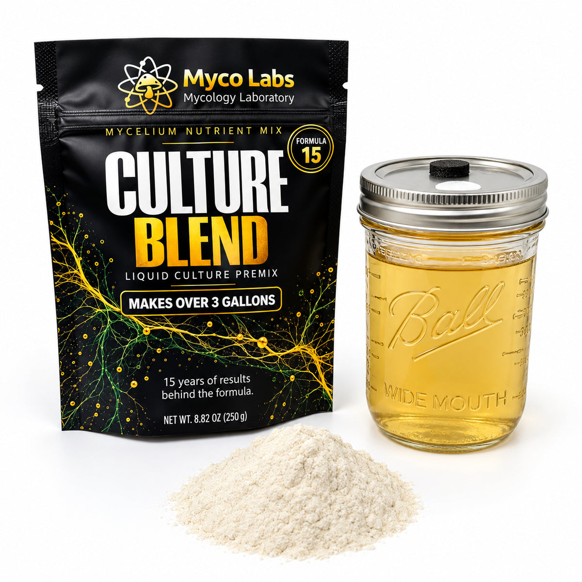 Myco Labs Culture Blend liquid culture premix shown with its black resealable pouch, a clear Ball wide-mouth jar filled with golden liquid, and a small pile of white powder on a white background.