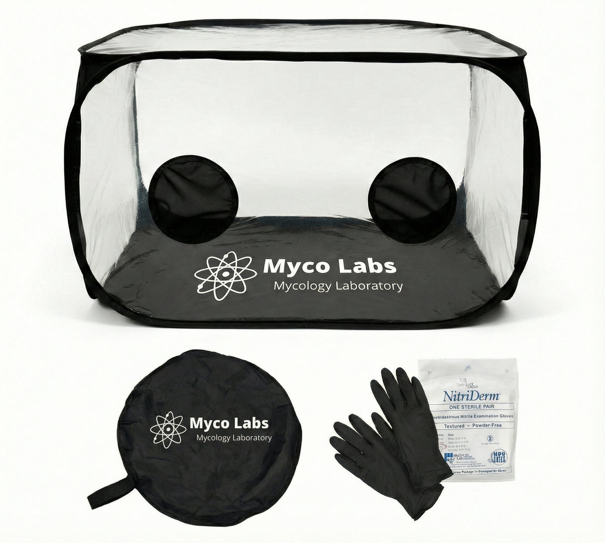 Mycology laboratory kit with clear tent, gloves, and NitriDerm packaging on a white background.