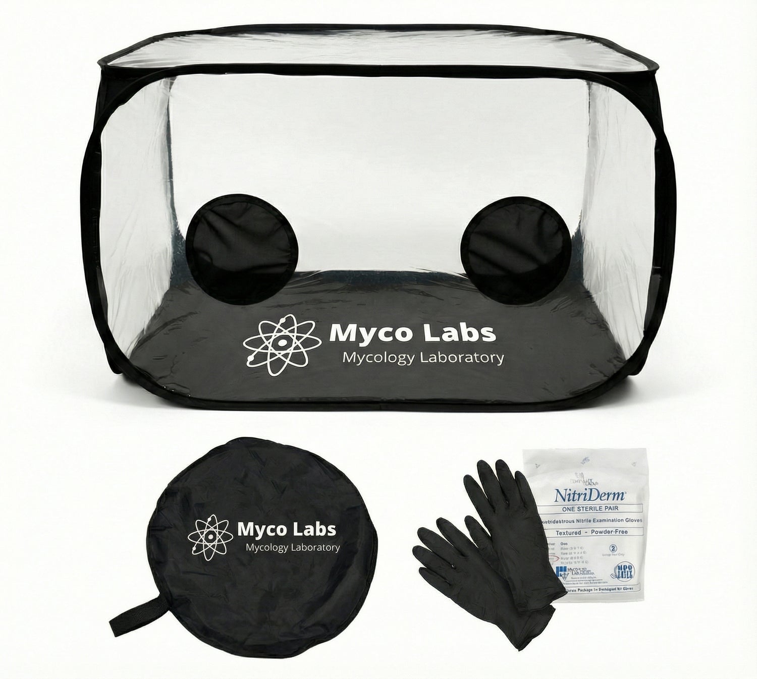 Mycology laboratory kit with clear tent, gloves, and NitriDerm packaging on a white background.