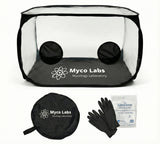 Mycology laboratory kit with clear tent, gloves, and NitriDerm packaging on a white background.