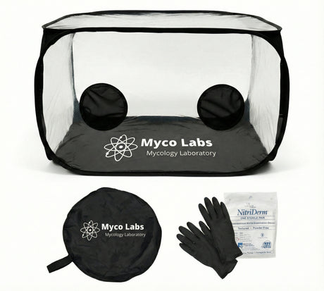 Mycology laboratory kit with clear tent, gloves, and NitriDerm packaging on a white background.