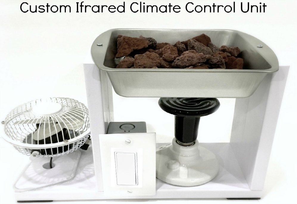 Custom infrared climate control unit with fan and heating element on a white background