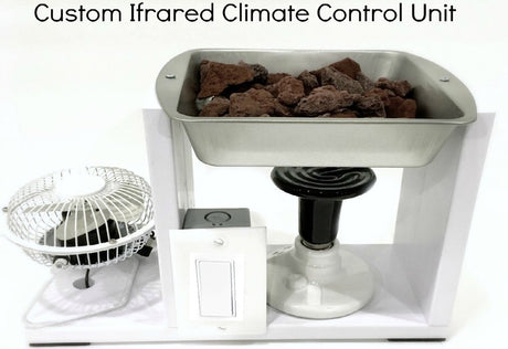 Custom infrared climate control unit with fan and heating element on a white background