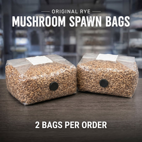 2 sterile bags of organic rye spawn bags on table