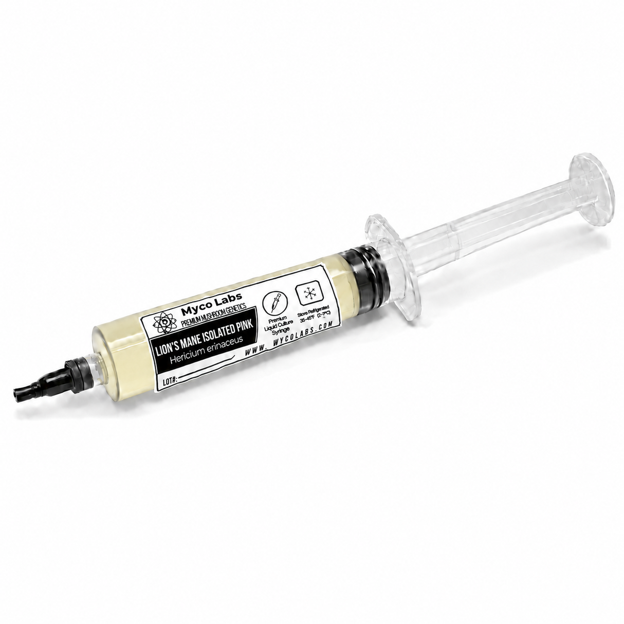 A syringe-style container filled with pale pink powder, labeled 'Mycolabs' and 'Lion's Mane isolated pink variety liquid culture