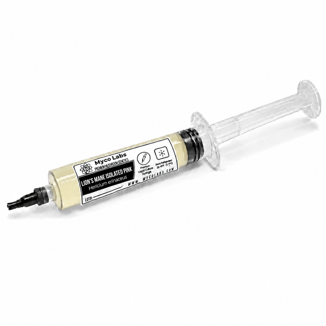 A syringe-style container filled with pale pink powder, labeled 'Mycolabs' and 'Lion's Mane isolated pink variety liquid culture