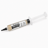 A syringe of Myco Labs Pink Oyster liquid culture showing the beige mycelium contents through a clear barrel with a white and black label.