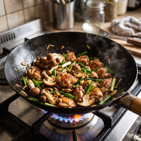 A black wok on a gas stove burner, cooking a stir-fry of chicken pieces, pioppino mushrooms, and green onions with visible steam rising in a kitchen setting.