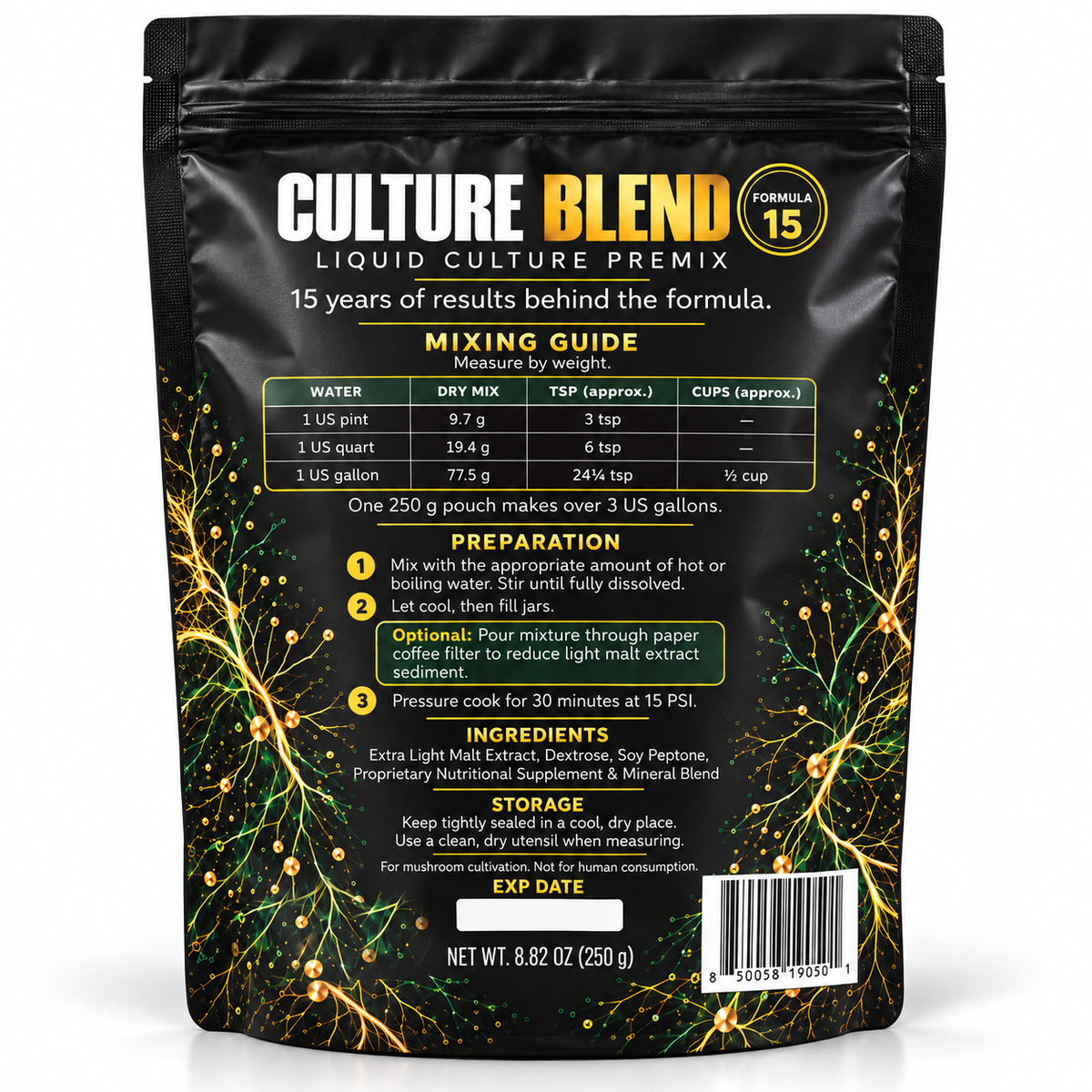 Myco Labs Culture Blend Formula 15 Liquid Culture premix bag. Shows instructions on how to make the liquid culture mix along with product information. 