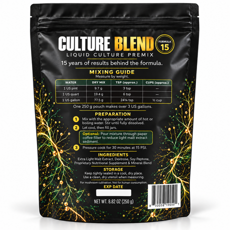 Myco Labs Culture Blend Formula 15 Liquid Culture premix bag. Shows instructions on how to make the liquid culture mix along with product information. 
