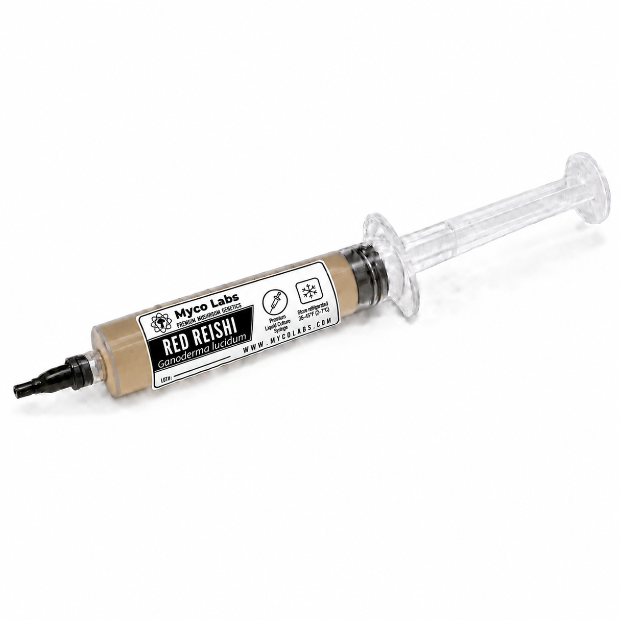 A syringe-style container of Myco Labs Red Reishi Gourmet liquid culture, showing the beige liquid inside a clear plastic barrel with a black applicator tip, on a white background.
