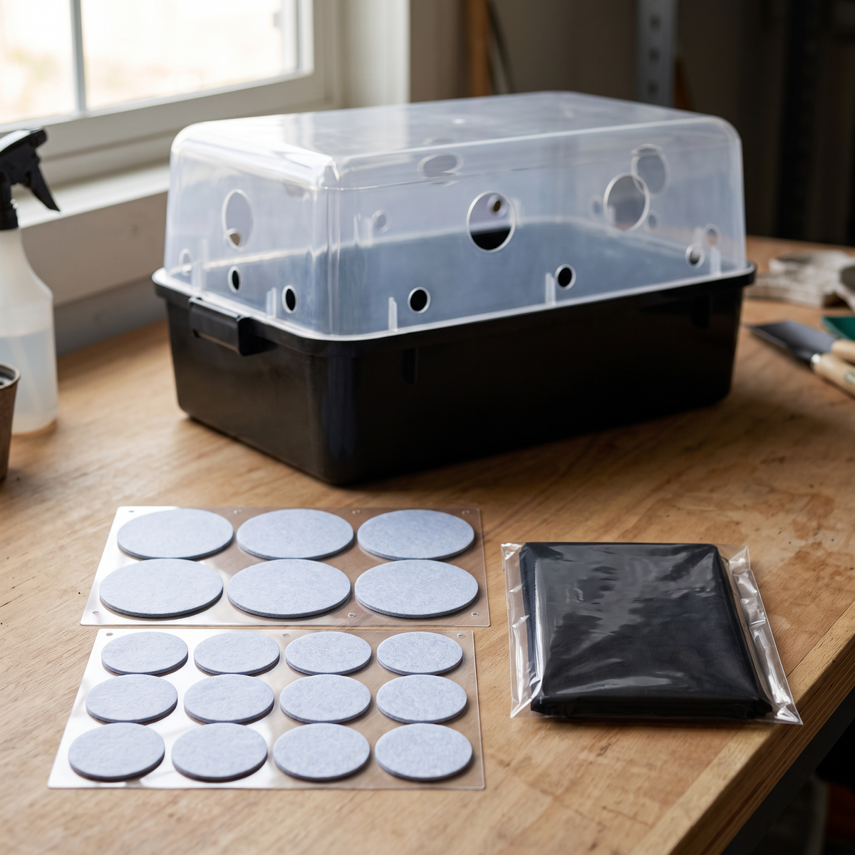 Replacement filter disk sheets and liner pack in front of a clear-lid monotub on a workbench