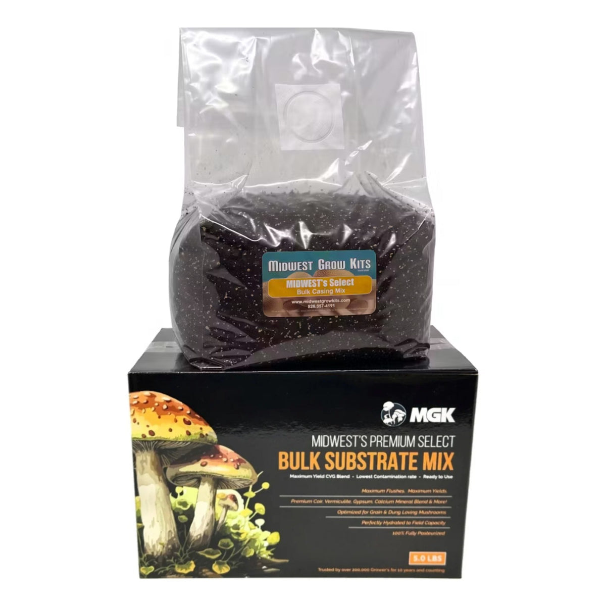 5 lb bag of Midwest's Select Bulk Substrate with filter patch on top of the black MGK Premium Select Bulk Substrate Mix box