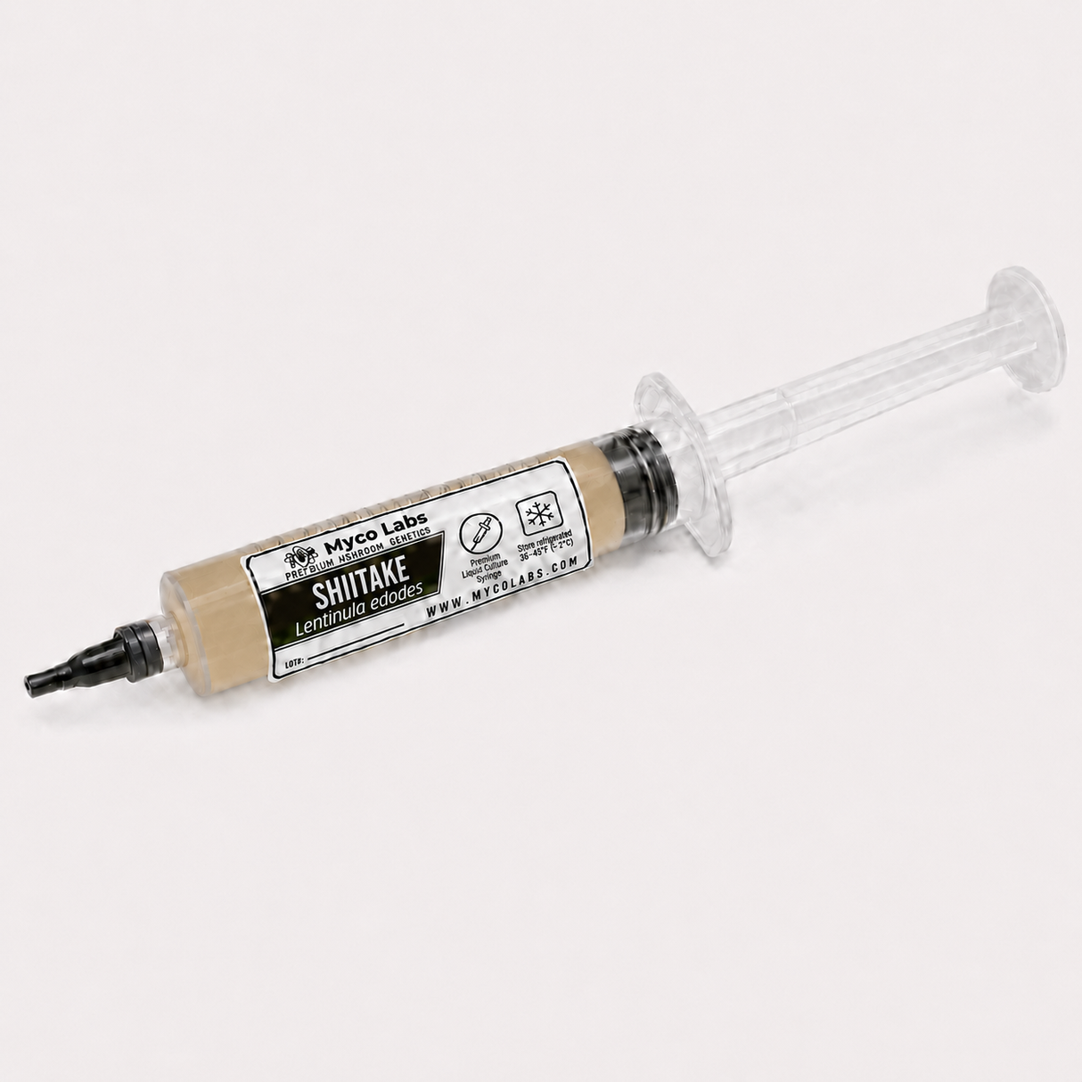 A syringe-style container of Shitake Leather Smoker by Myco Labs, filled with beige-colored spore powder, shown on a light gray background.