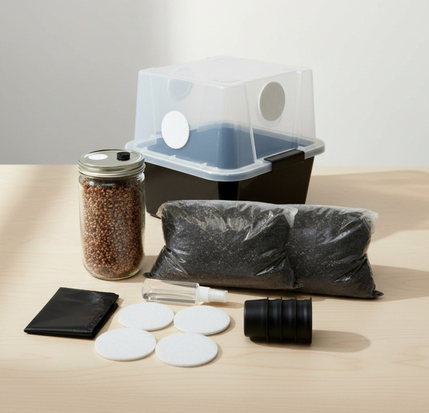 Mushroom Monotub with bulk substrate and accessories