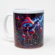 Cosmic Skeleton Forest 12oz ceramic coffee mug with neon mushroom forest, galaxies and skeleton artwork