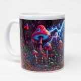 Cosmic Skeleton Forest 12oz ceramic coffee mug with neon mushroom forest, galaxies and skeleton artwork