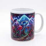 Side view of the ceramic mug showing skeletons walking a stone path beneath glowing mushroom caps