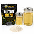 Myco Labs Culture Blend liquid culture premix shown with its black resealable pouch, two clear Ball wide-mouth jar filled with yellow liquid culture, and a small pile of tan powder on a white background.