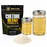 Myco Labs Culture Blend liquid culture premix shown with its black resealable pouch, two clear Ball wide-mouth jar filled with yellow liquid culture, and a small pile of tan powder on a white background.