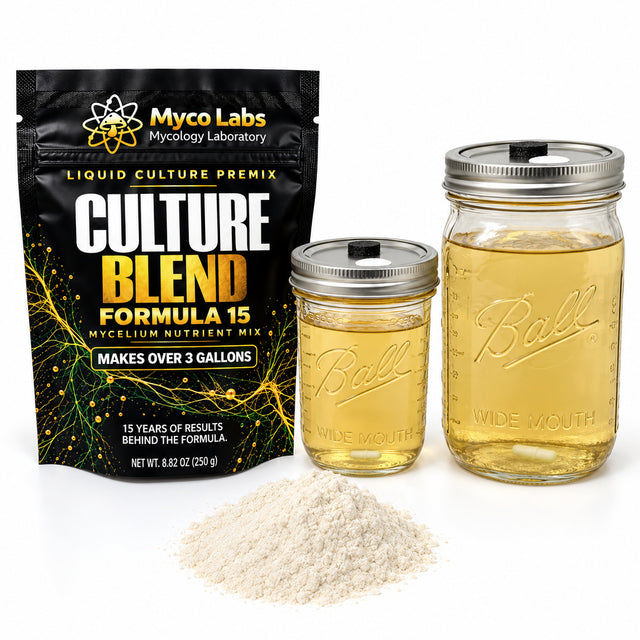 Myco Labs Culture Blend liquid culture premix shown with its black resealable pouch, two clear Ball wide-mouth jar filled with yellow liquid culture, and a small pile of tan powder on a white background.