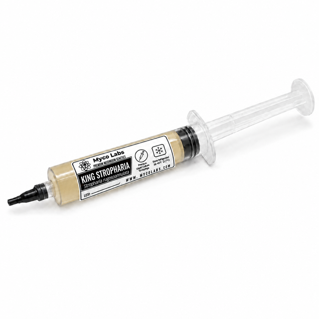 A syringe-style container of Myco Labs King Stropharia wine cap liquid culture mushroom spore print, showing the beige spore mycelium inside a clear plastic syringe with a black applicator tip, on a white background.