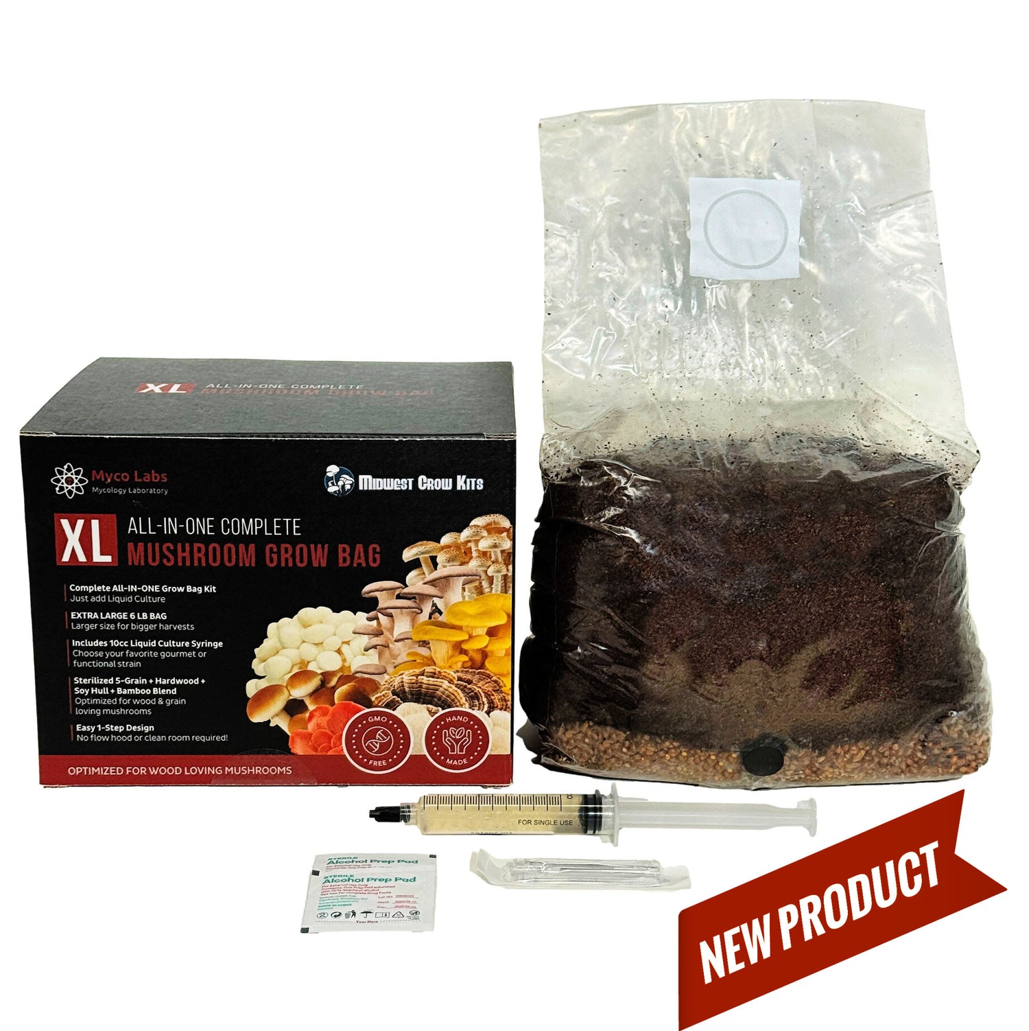 Mushroom grow kit with packaging, grow bag, syringes, and packets on a white background.