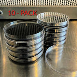 Stack of black carbon agar plates with '10-Pack' text on a metallic surface