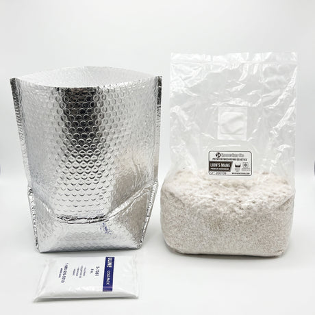 Colonized grain spawn with insulated packaging and ice pack
