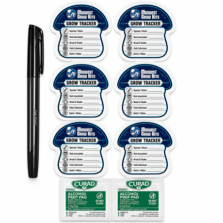 Grow Tracker Labels kit with 6 reusable 2.5 inch mushroom-shaped labels, ultra-fine marker and 2 alcohol prep pads