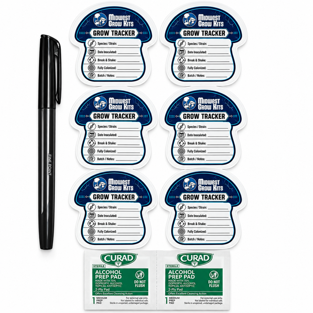Grow Tracker Labels kit with 6 reusable 2.5 inch mushroom-shaped labels, ultra-fine marker and 2 alcohol prep pads