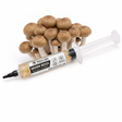 Myco Labs Brown Beech (Hypsizygus tessellatus) liquid culture syringe, 10cc, with fresh brown beech mushrooms behind it