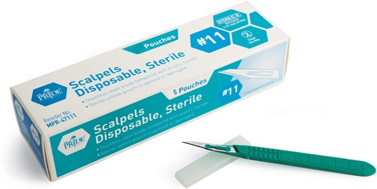 Disposable Sterile Scalpels (Pack of 5)  #11 disposable scalpel knives, tempered stainless-steel blades, plastic handle, sterile, dissections, taxidermy, protective blade caps, ruler on handle, precision cutting, AGAR work, grain transfer, core sampling, mushroom tissue cloning, mycelium transfer, professional-grade tools,