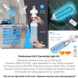 (DISCONTINUED) High Power 60W UV-C Room Sterilizing Kit High Power 60W UV-C Germicidal Lamp, germ-free workspaces, small rooms, 5x5, Kills 99% of bacteria, mold, viruses, germs, sterilizes non-porous surfaces, cleaning work area, combat bacteria, mold issues, UV-C light, wear safety glasses, High Power 60W UV-C Room Sterilizing Kit, ultraviolet light, sterilize surfaces, easy to use, high-power UV-C lamps, emit light, wide area, power supply, protective housing, safe from UV radiation, clean, germ-free
